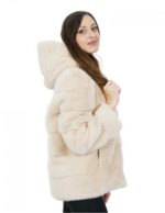 Giacca visone orizzontale 42 beige cappuccio manica lunga e ganci
