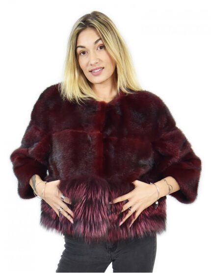 Giacca in visone bordeaux taglia 44 con fondo in volpe manica tre quarti collo chanel