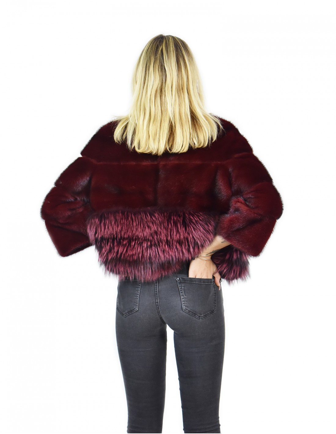 Burgundy mink jacket size 44 with fox bottom sleeve three quarter chanel collar - Image 6