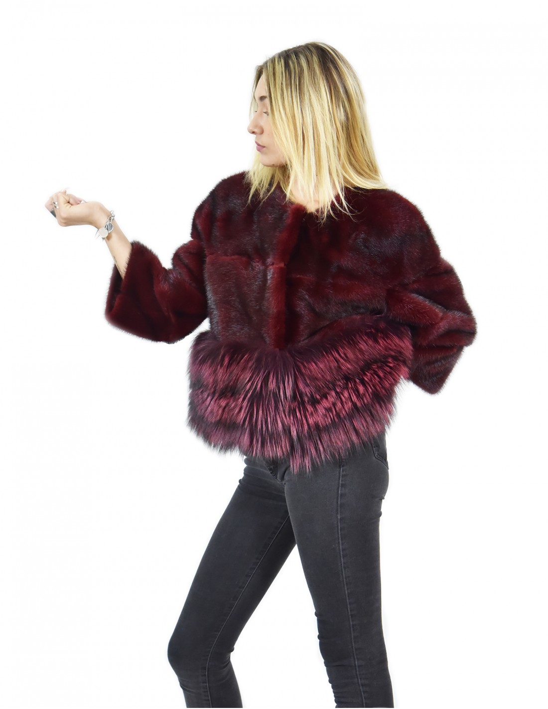 Burgundy mink jacket size 44 with fox bottom sleeve three quarter chanel collar - Image 3