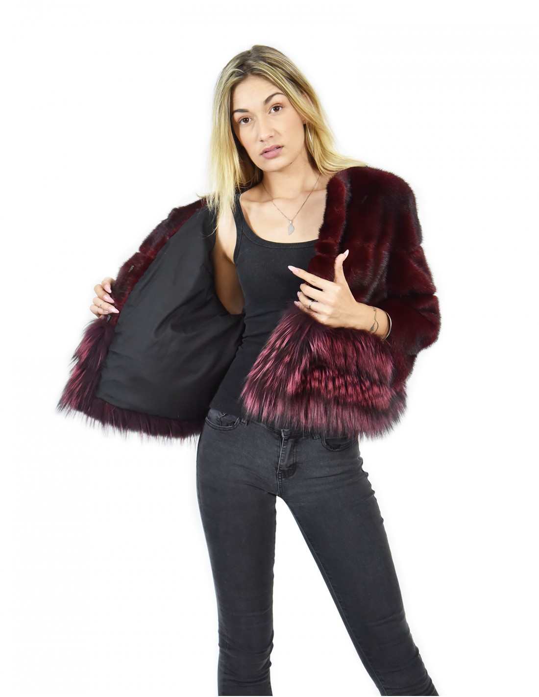 Burgundy mink jacket size 44 with fox bottom sleeve three quarter chanel collar - Image 7