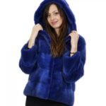 Blouson pelliccia visone blu 42 giacca 62 cm con cappuccio tasche esterne