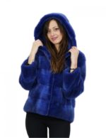 Blouson pelliccia visone blu 42 giacca 62 cm con cappuccio tasche esterne