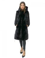 Gilet 94 cm black nero visone orizzontale e rex 54 pelliccia cappuccio coulisse