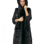 Gilet 94 cm black nero visone orizzontale e rex 54 pelliccia cappuccio coulisse