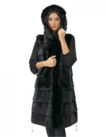 Gilet 94 cm black nero visone orizzontale e rex 54 pelliccia cappuccio coulisse
