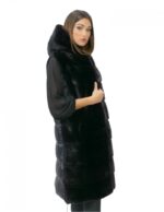 Gilet 94 cm black nero visone orizzontale e rex 54 pelliccia cappuccio coulisse
