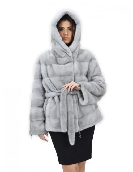 Zaffiro cappuccio 46 cappotto pelliccia visone orizzontale coulisse fondo e polsi