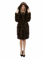 Brauner Nerzfellgürtel 50 100cm langer Mantel mit Kapuze Außentaschen – Bild 5
