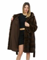 Brauner Nerzfellgürtel 50 100cm langer Mantel mit Kapuze Außentaschen – Bild 7