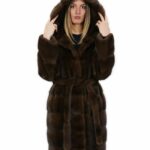Cintura pelliccia visone Brown 50 cappotto lungo 100 centimetri con cappuccio tasche esterne