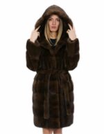 Cintura pelliccia visone Brown 50 cappotto lungo 100 centimetri con cappuccio tasche esterne