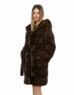 Brown 52 mink fur belt 100cm long coat with hood outside pockets - Image 3