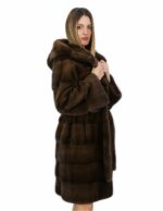 Brown 52 mink fur belt 100cm long coat with hood outside pockets - Image 4