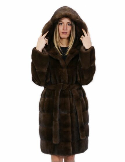 Cintura pelliccia visone Brown 52 cappotto lungo 100 centimetri con cappuccio tasche esterne
