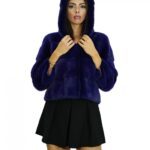 Giacca visone pelliccia orizzontale viola 46 cappuccio 54 centimetri manica tre quarti