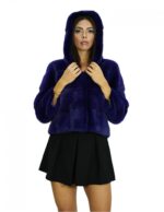 Giacca visone pelliccia orizzontale viola 46 cappuccio 54 centimetri manica tre quarti