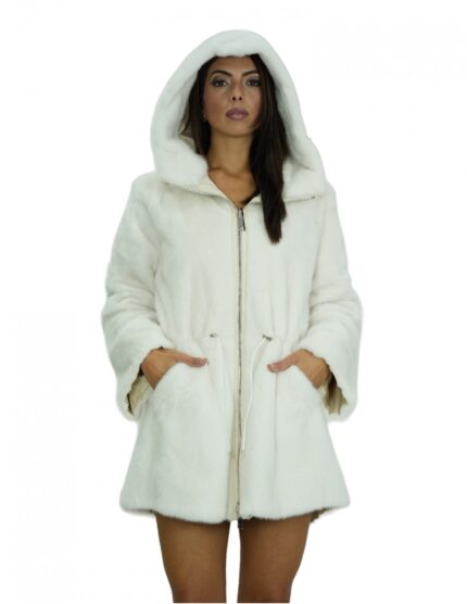 Cappotto 48 reversibile bianco visone intero e tessuto impermeabile zip manica lunga lungo 86 cm