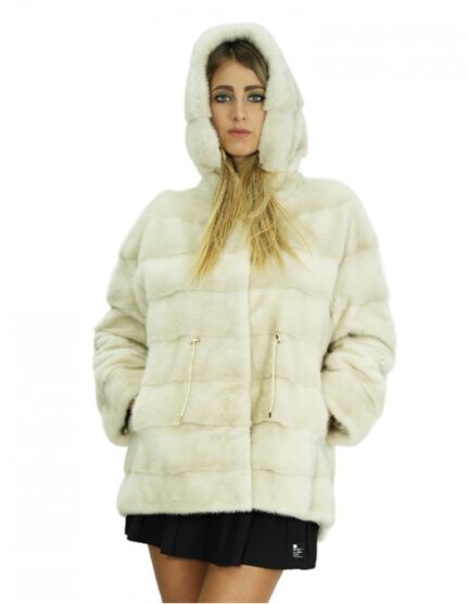 Cappotto mongomery 76 cm pelliccia visone perla 48 coulisse vita e fondo cappuccio