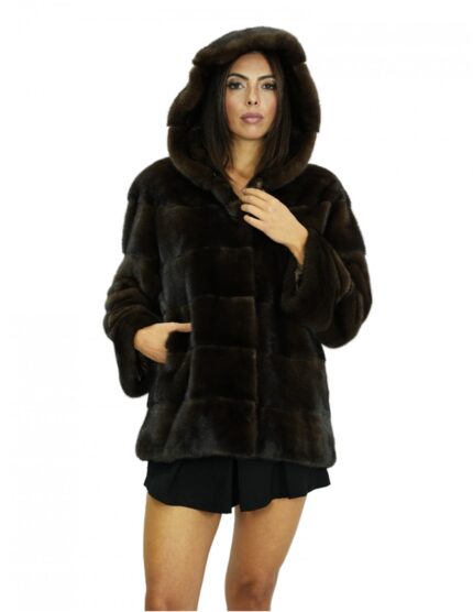 Cappotto lungo 72 centimetri 44 in visone orizzontale a pelle intera cappuccio tasche interne laterali chiusura ganci interni