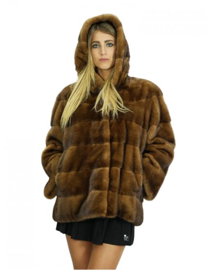 Cappotto 44 lungo 72 cm visone orizzontale pelle intera cappuccio tasche interne laterali chiusura ganci interni