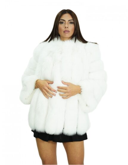 Cappotto lungo 72 cm 42 in volpe bianco verticale maniche lunghe tasche esterne e collo chanel