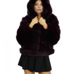 Giacca lunga 64 cm in pelliccia di volpe rossa orizzontale a maniche lunghe cappuccio foderato