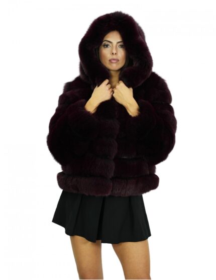 Giacca lunga 64 cm in pelliccia di volpe rossa orizzontale a maniche lunghe cappuccio foderato