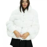 Giacca 44 lunga 60 cm pelliccia di volpe bianca con lavorazione orizzontale maniche lunghe e chiusura ganci