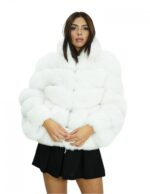 Giacca 44 lunga 60 cm pelliccia di volpe bianca con lavorazione orizzontale maniche lunghe e chiusura ganci