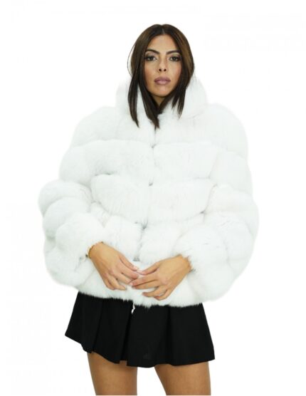 Giacca 44 lunga 60 cm pelliccia di volpe bianca con lavorazione orizzontale maniche lunghe e chiusura ganci