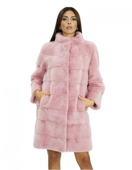 Cappotto lungo 94 cm in pelliccia di visone rosa con collo pistagna maniche lunghe lavorazione orizzontale