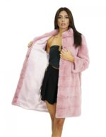 Cappotto lungo 94 cm in pelliccia di visone rosa con collo pistagna maniche lunghe lavorazione orizzontale