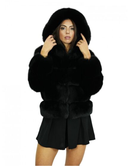 Giacca 50 volpe voluminosa nera con lavorazione orizzontale a pelle intera con cappuccio foderato in pelle di volpe