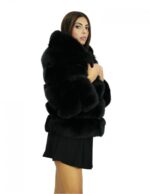 Black voluminous fox 50 jacket with horizontal full-skin knit with fox leather lined hood - Image 3