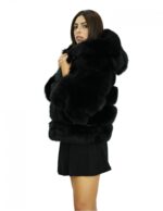 Black voluminous fox 50 jacket with horizontal full-skin knit with fox leather lined hood - Image 4