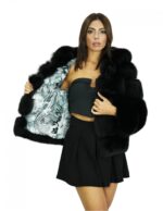 Black voluminous fox 50 jacket with horizontal full-skin knit with fox leather lined hood - Image 7