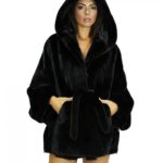 Nero mantella 48/54 visone con lavorazione trasversale a pelle intera con cappuccio e cintura in vita