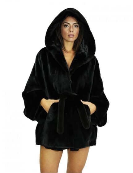 Nero mantella 48/54 visone con lavorazione trasversale a pelle intera con cappuccio e cintura in vita