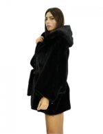 Nero mantella 48/54 visone con lavorazione trasversale a pelle intera con cappuccio e cintura in vita