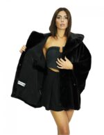 Nero mantella 48/54 visone con lavorazione trasversale a pelle intera con cappuccio e cintura in vita