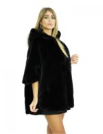 Schwarzes 50-56 Vollleder mit Kreuzstich-Umhang, Kapuze und Seitenschlitzen – Bild 4