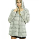 Cappotto lungo 72 centimetri visone zaffiro 46 lavorazione orizzontale a maniche lunghe cappuccio