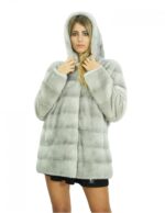 Cappotto lungo 72 centimetri visone zaffiro 46 lavorazione orizzontale a maniche lunghe cappuccio