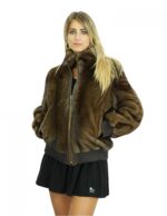 Giacca 40 bomber in pelliccia visone marrone con lavorazione a pelle intera ed elastico ai polsi