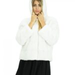 Giacca 44 pelliccia di visone bianco in lavorazione a pelli intere orizzontale con cappuccio e manica lunga