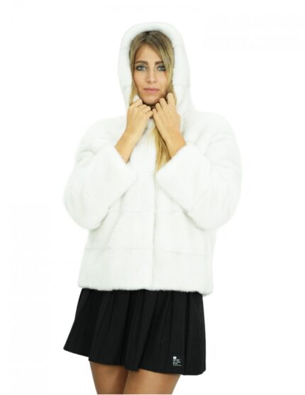 Giacca 44 pelliccia di visone bianco in lavorazione a pelli intere orizzontale con cappuccio e manica lunga