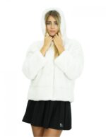 Giacca 46 pelliccia di visone bianco in lavorazione a pelli intere orizzontale con cappuccio e manica lunga