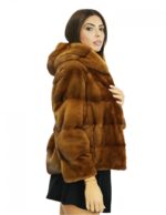 Jacket 44 dark gold mink fur with horizontal full skin knit with fur lined hood and sleeves - Image 4