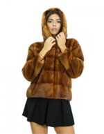 Giacca 44 pelliccia di visone gold scuro lavorazione a pelli intere orizzontale con cappuccio foderato in pelliccia e manica